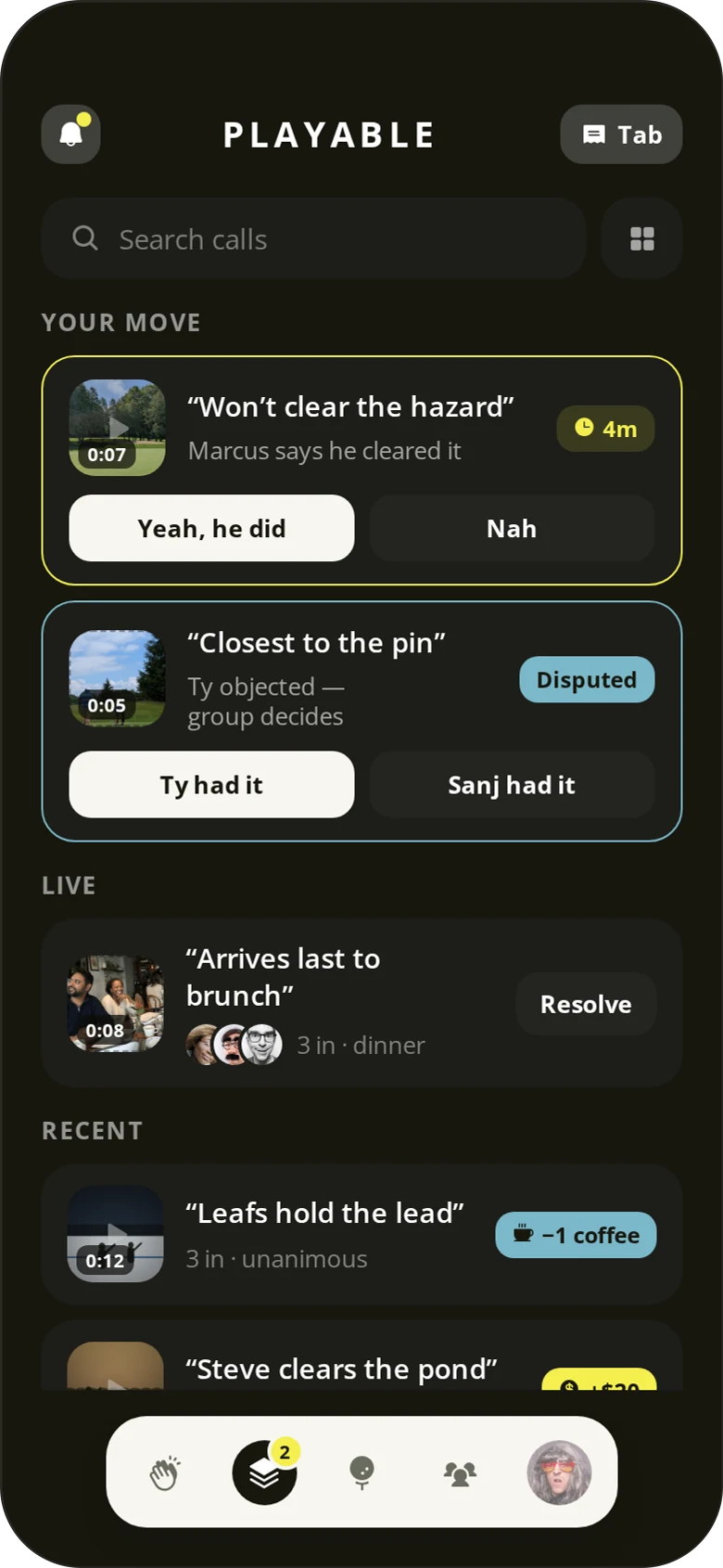 The calls archive, showing live and resolved bets.