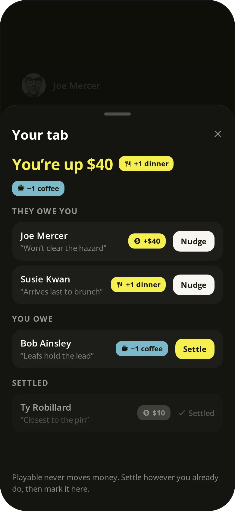 Your tab, showing who owes what.